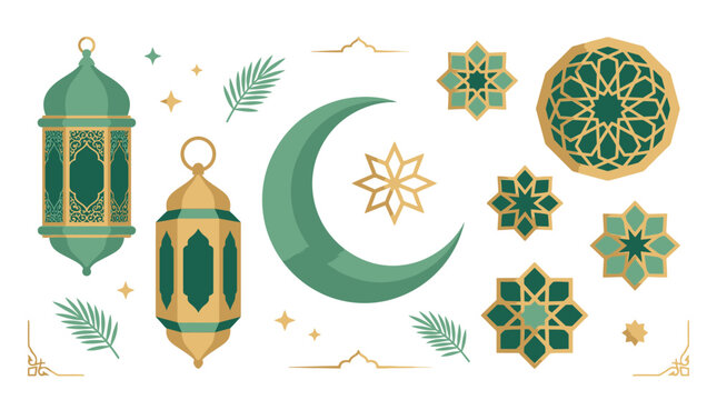 Elegant collection of Islamic festive decorations featuring traditional lanterns, crescent moon, stars, and intricate geometric patterns, ideal for Ramadan or Eid celebrations