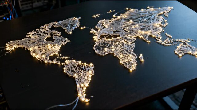 World map global network data flow connection communication digital abstract glowing light technology concept dark background internet fiber optic