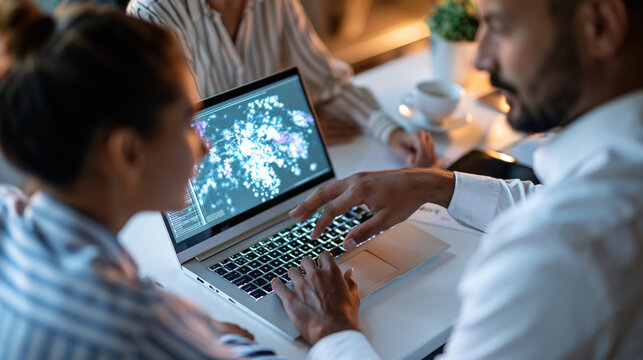 A  data analyst pair viewed from above explores softly bright clustering visualizations on a calm modern laptop in soft daylight clustering analysis faceless top view