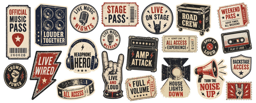 Vintage grunge music festival stickers and tickets with rock and roll icons for concerts and events