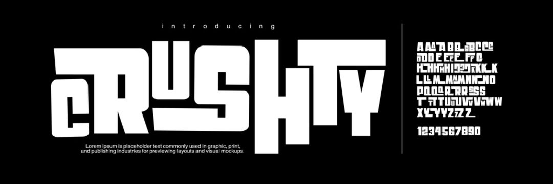 Crushty: A bold Y2K streetwear display. Urban block font for Gen-Z apparel clothing branding, tech logos, and youth posters.