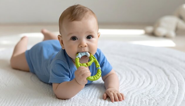 A baby lies on their stomach on a mat with a teether
