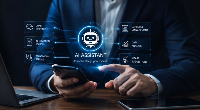 Hands Using Smartphone with AI Assistant Chat Interface and Audio Waveforms
