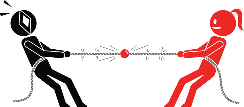 Tug of War Stick Figure Competition Icon with Man and Woman Pulling Rope for Gender Conflict Business Rivalry Corporate Dispute Vector Concept