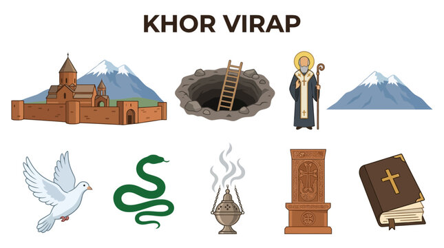 Khor Virap Monastery and Symbols of Armenian Christianity and Legend.