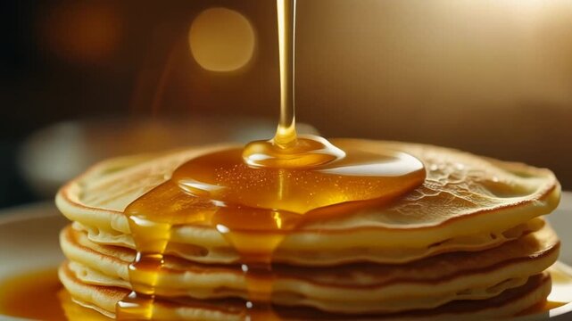 Golden honey pouring from wooden honey dipper onto a fluffy stack of pancakes. Warm cinematic light, ideal for breakfast food brands, cafes, and culinary advertising.