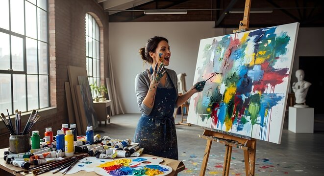 Enthusiastic female artist creating abstract painting in loft studio
