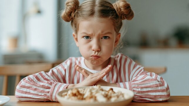 Young girl with pigtails makes a face and crosses arms over food