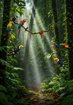 Vibrant parrots and toucans in a lush rainforest with sunbeams