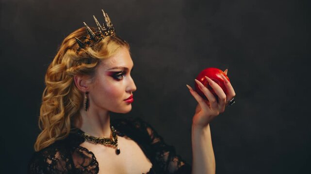 Fantasy fairy girl holding ripe red apple in hands. blonde hair woman beauty face creative makeup queen looking at hand with poisoned enchanted apple. royal victorian black dress sharp nails claws