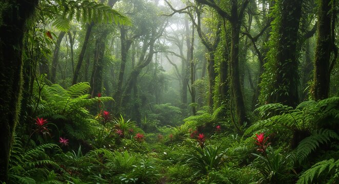 Lush rainforest interior with vibrant red flowers and misty atmosphere