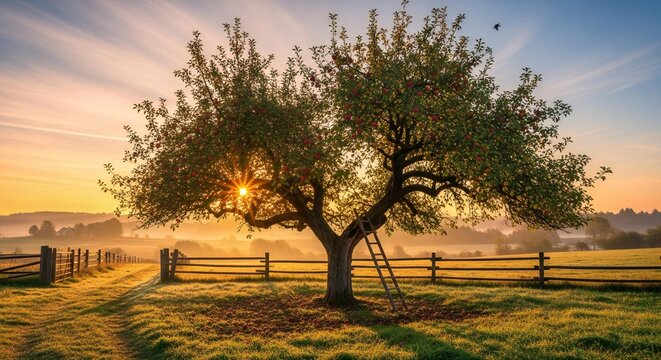 Apple Tree with Ladder in Sunrise Golden Light, Rural Farm Landscape