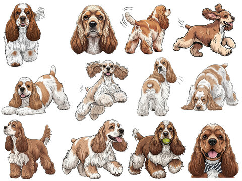 American Cocker Spaniel dog 12 pose collection set vector illustration 