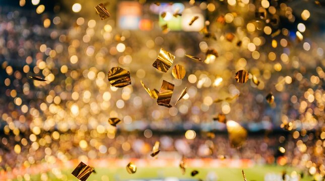 Golden confetti showers a triumphant crowd, a vivid concept of success and celebration, illuminating a future where abstract challenges like hantavirus concerns are overcome by collective joy and achi