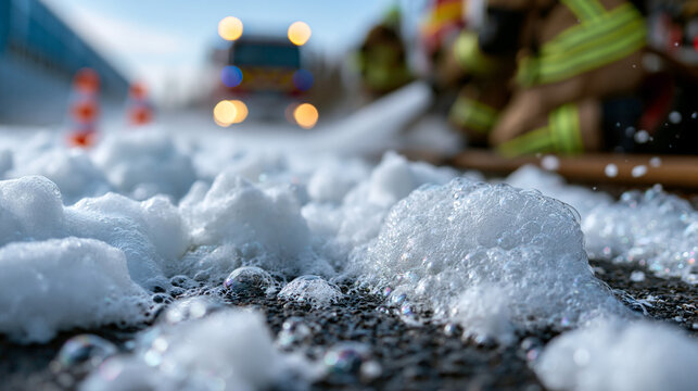 Firefighter training with white foam covering a fuel spill on asphalt ground, emergency crew and safety equipment responding realistically during drills