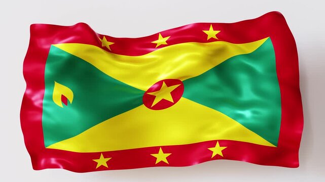 The animation shows the national flag of Grenada waving in 3D. The bright colors move smoothly, creating a dynamic display. The flag features stars and a unique design with a flame symbol