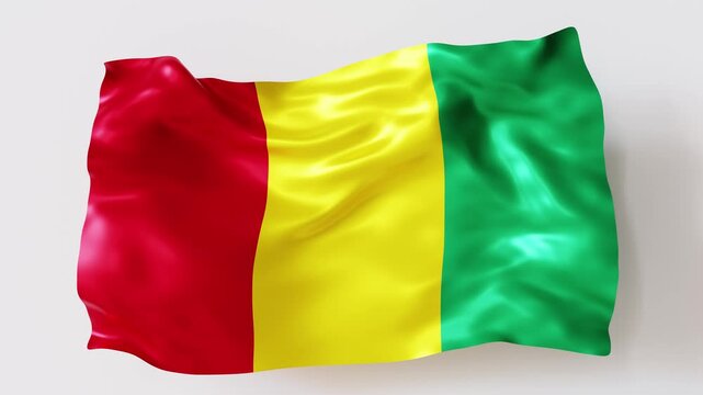 National flag of Guinea is displayed in vibrant 3D animation. The flag waves gracefully, showcasing its distinct colors of red, yellow, and green, representing the country's identity