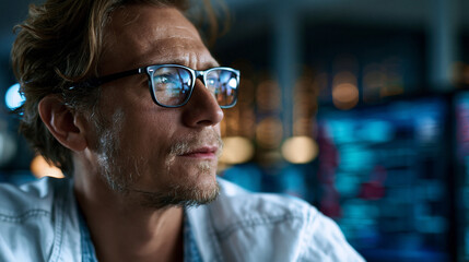 Obraz premium A visionary AI programmer viewed from the side presents softly bright complex code on a calm large screen in a futuristic setting in soft daylight AI programmer