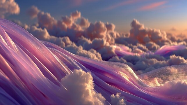 Abstract waves overlaying fluffy clouds under a warm sunset-colored sky