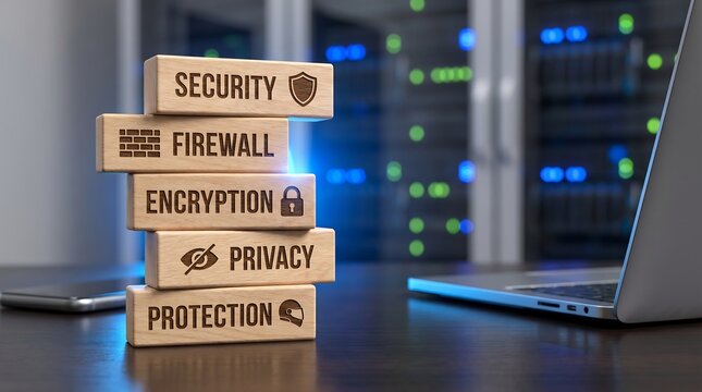 Cybersecurity concept with wooden blocks and laptop