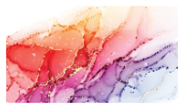 Abstract red and purple alcohol ink background with golden veins in a dot matrix design.
