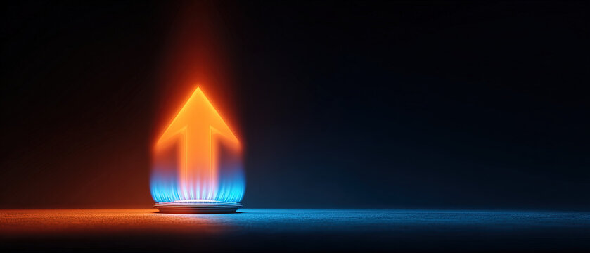 Glowing orange upward arrow emerging from a blue gas flame on a dark background, symbolizing growth, innovation, and energy.