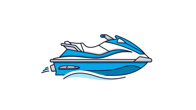 Illustration of a sleek, modern blue and white jet ski speeding across the water, leaving a trail of white spray
