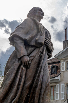 Lgnacy Jan Paderewski Statue Under Dramatic Cloudy Sky. Morges, Vaud, Switzerland.