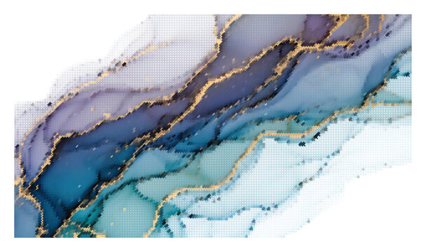 Deep blue and teal alcohol ink marble texture with golden cracks and digital dot pattern.