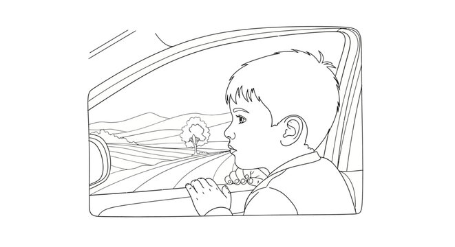 Curious young child looking out of car window happily.
