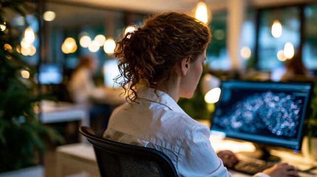 A  female IT consultant viewed from behind handles softly bright neural networks for calm data forecasting in a modern office in soft daylight neural networks faceless