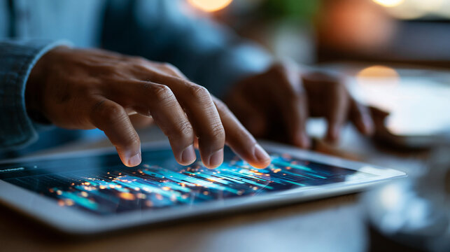 A close up of  hands taps softly a bright tablet showing a glowing softly defocused predictive election poll model in calm daylight election prediction faceless detail