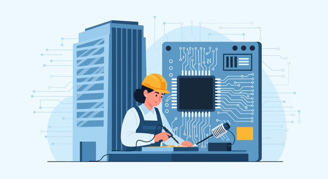 Woman technician soldering electronic circuit board in modern technology setting