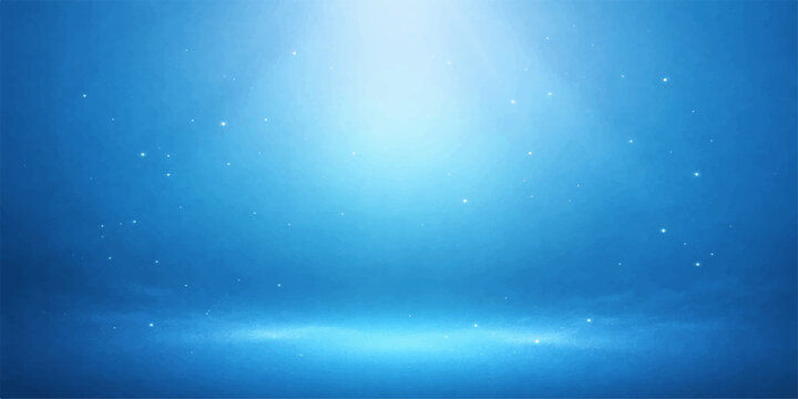 Abstract blue background of a deep underwater sea and bright winter sky with cosmic light rays, stars, and abstract art pattern textures