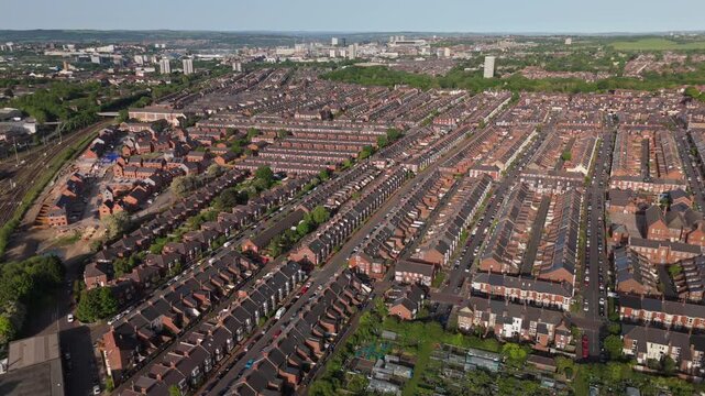 Newcastle upon Tyne UK: 25th May 2026: Drone footage shows terraced houses in Heaton at dawn. Rows of Tyneside flats near Chillingham Road 