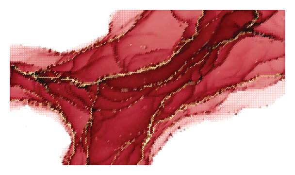 Red marble abstract background with gold veins and halftone dot texture design element.