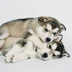 Fototapeta premium Two Adorable Husky Puppies Cuddled Together on a White Background.