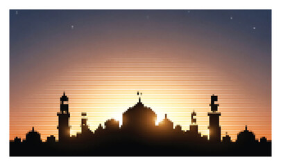 Silhouette of mosque architecture during sunrise with golden light and pixelated effect. © MdFazar
