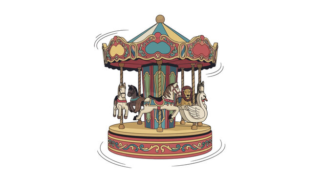 Colorful merry go round with horses and swan rotating