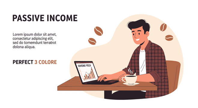 Man working on laptop at coffee shop with passive income graph