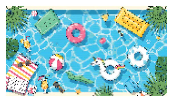 Summer vacation with swimming pool top view, inflatable rings and mattress floating in water.