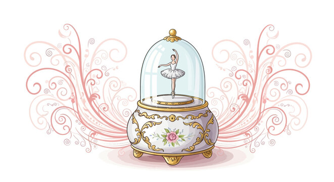 Ballet dancer in a music box with glass dome and gold accents