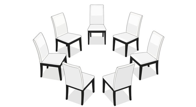 seven white chairs arranged in a circle around empty space