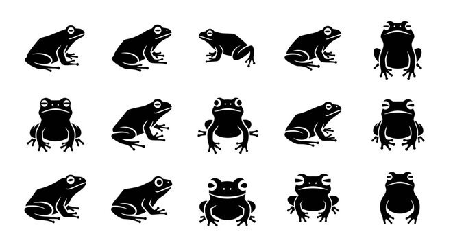 A diverse collection of black frog silhouettes, captured in various natural poses and dynamic perspectives, ideal for nature-themed graphic design projects and wildlife illustrations