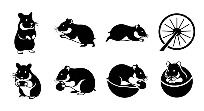 Collection of playful hamster silhouettes showcasing various poses and activities, including running, eating, and resting, perfect for animal-themed design elements and illustrations