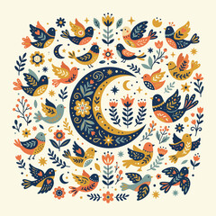 Naklejka premium Decorative Vector Pattern with Moon and Bird Elements in Folk Art Style with Warm Earth Tones