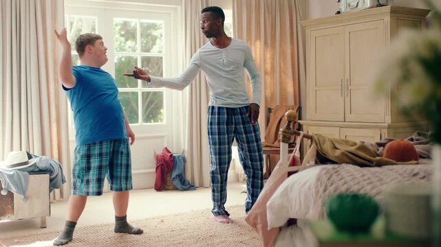 Learning, friends and people with dancing in bedroom, instruction and bonding for skill development. Practice motion, roommate and man with down syndrome in home, rhythm support and music for fun