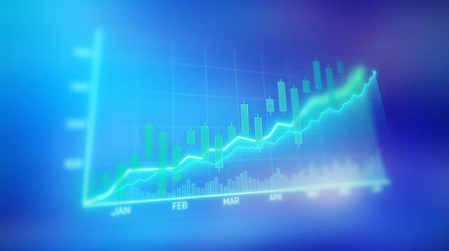 Glowing Financial Growth Chart: A vibrant neon stock market graph displays a positive uptrend, with glowing green and blue lines indicating a successful financial performance.