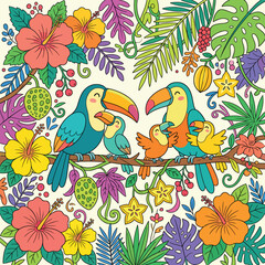 Obraz premium Vector Illustration of Colorful Tropical Birds and Flora in Modern Organic Style
