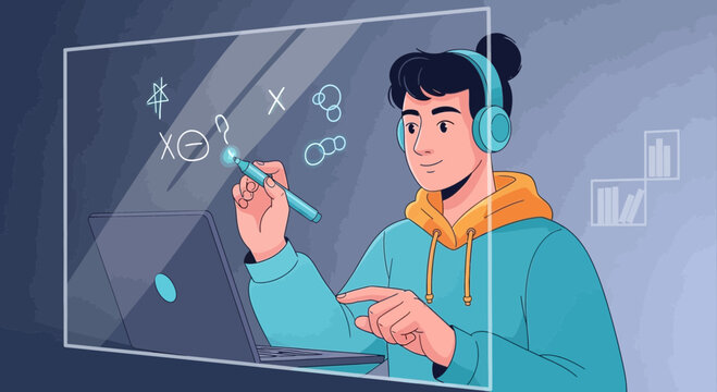 Teenager wearing headphones learning on transparent screen with math symbols and laptop